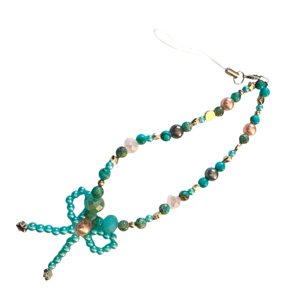 Sediment Jasper, Crystals and Glass Pearl Bow Phone Wrist Lanyard. - Picture 2 of 6